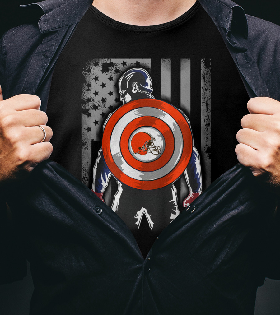 Cleveland Browns Captain America Shield USA Flag Backdrop T-Shirt