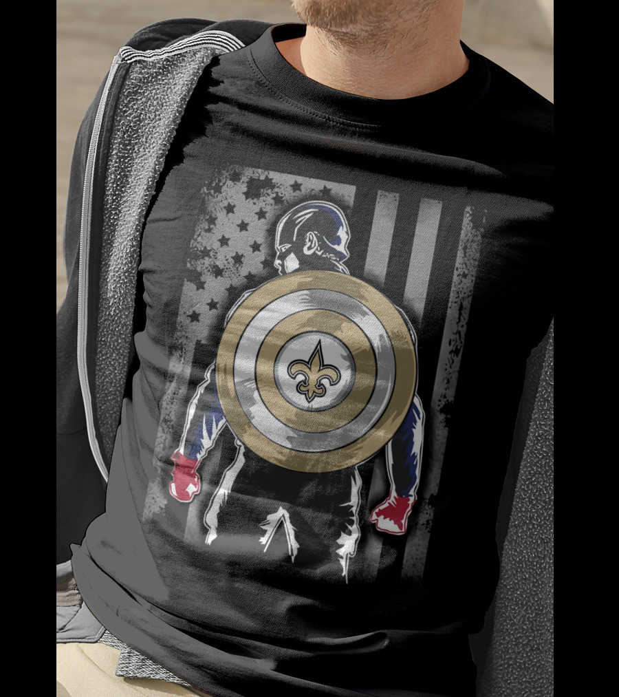 New Orleans Saints Captain America Shield Fleur-de-Lis American Flag Hero T-Shirt