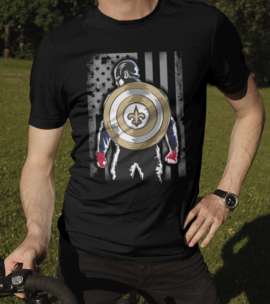 New Orleans Saints Captain America Shield Fleur-de-Lis American Flag Hero T-Shirt