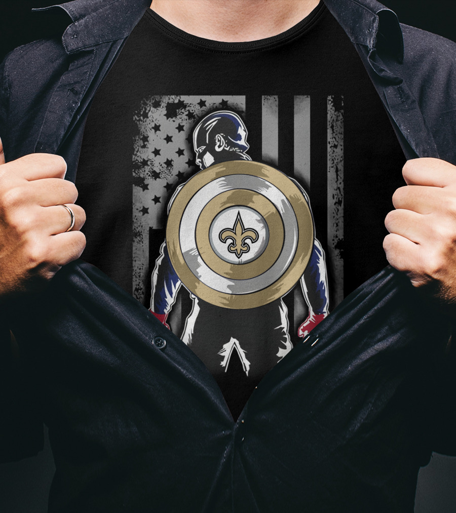 New Orleans Saints Captain America Shield Fleur-de-Lis American Flag Hero T-Shirt
