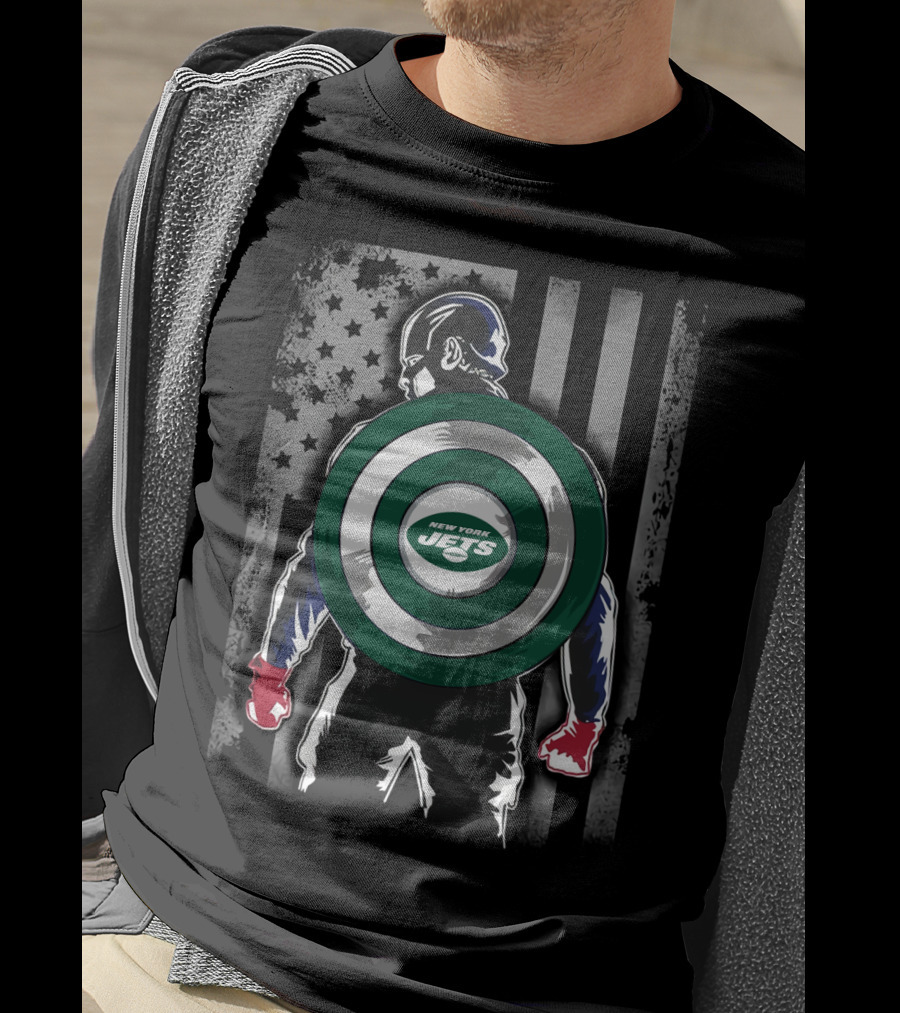 New York Jets Captain America Shield With Flag Background T-Shirt