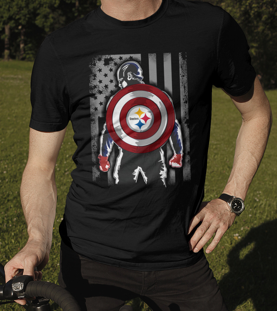 Pittsburgh Steelers Captain America Shield American Flag T-Shirt