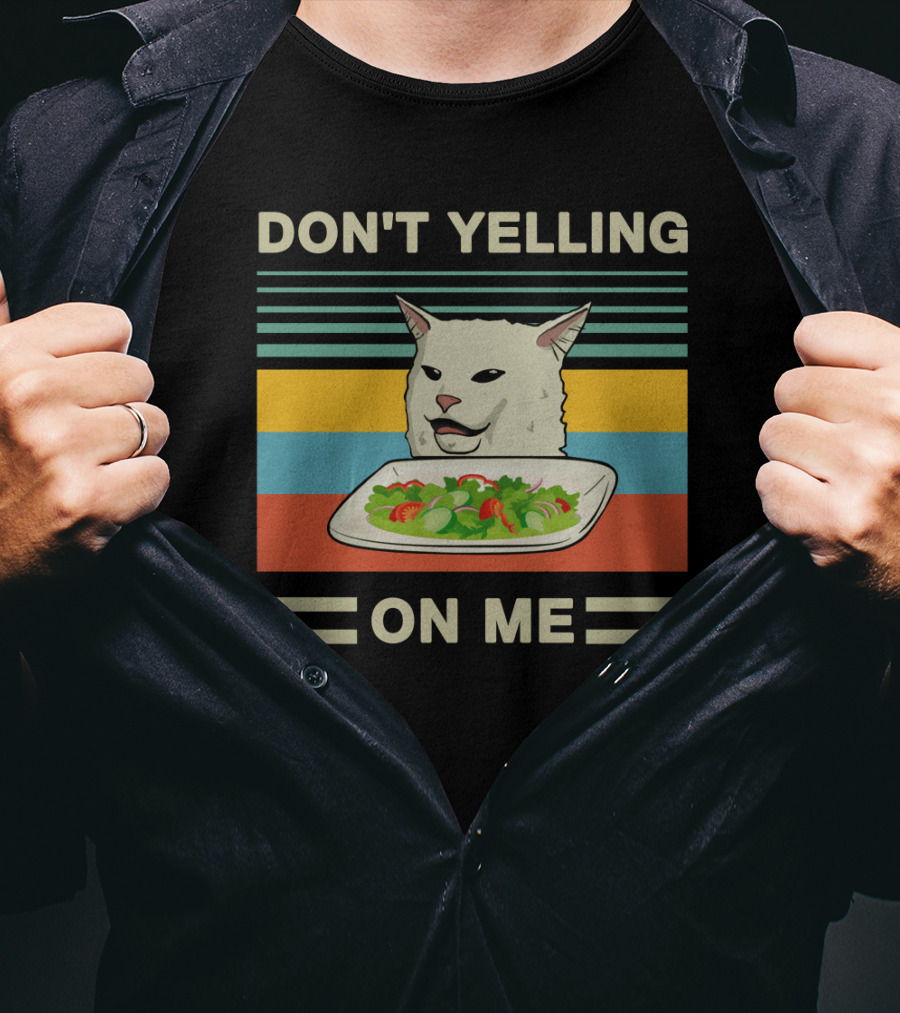 DON'T YELLING ON ME Cat Meme With Salad And Retro Stripes T-Shirt