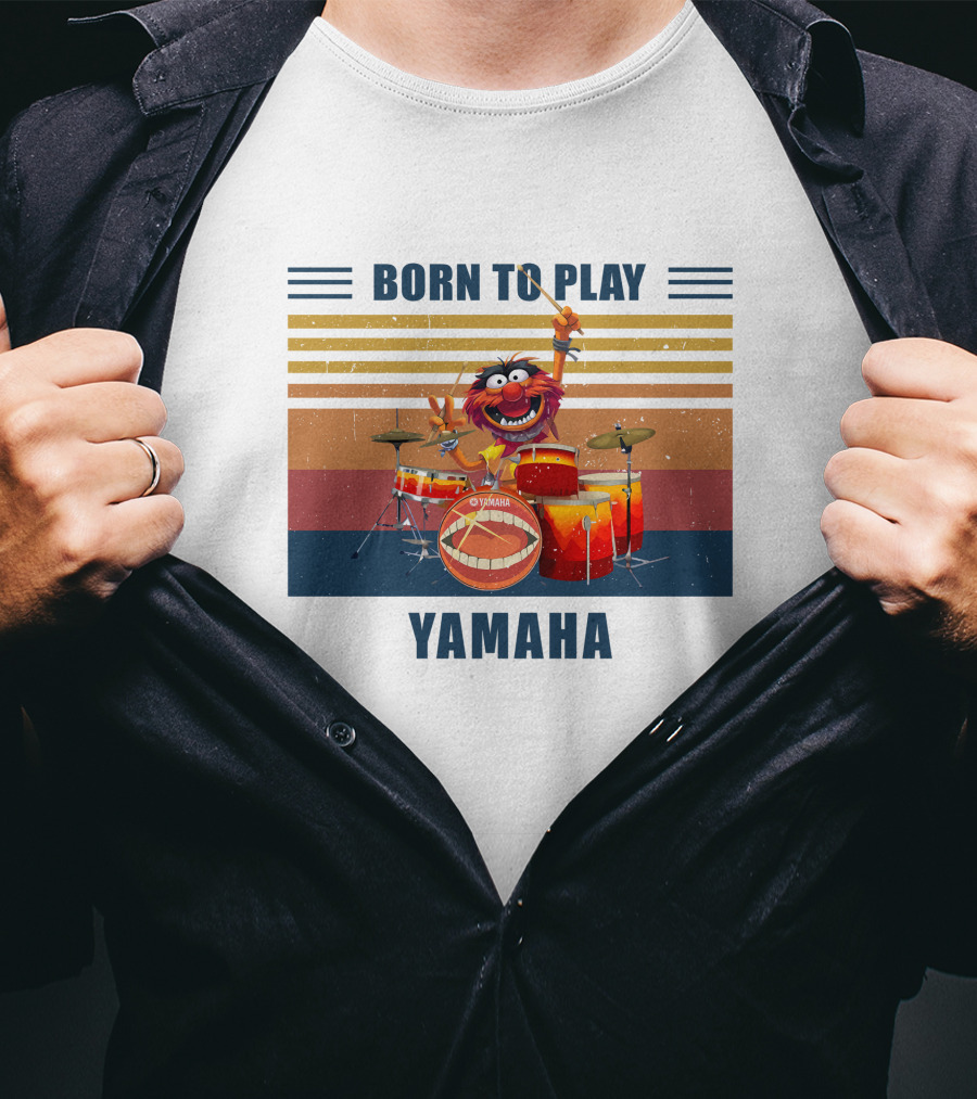 Born To Play Drum Yamaha With Animal Muppet Drummer Retro Stripes T-Shirt