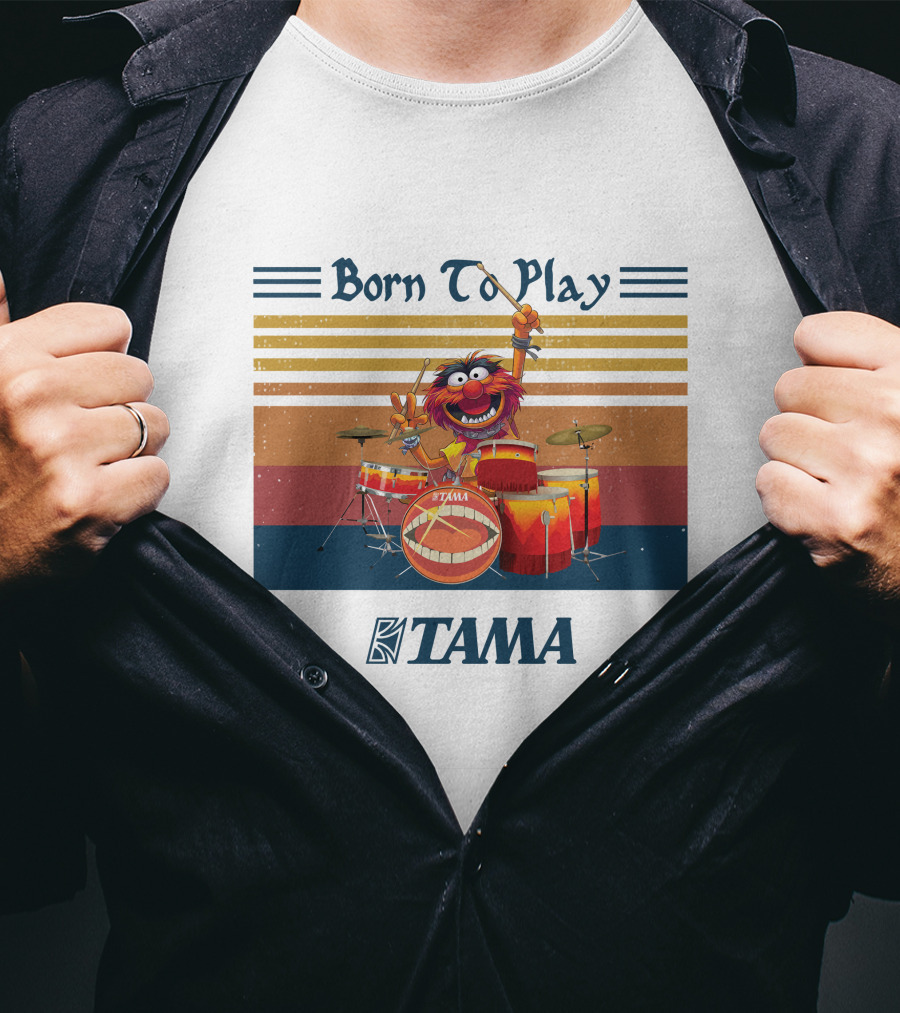 Born To Play TAMA Drum Set With Enthusiastic Drumming Character T-Shirt