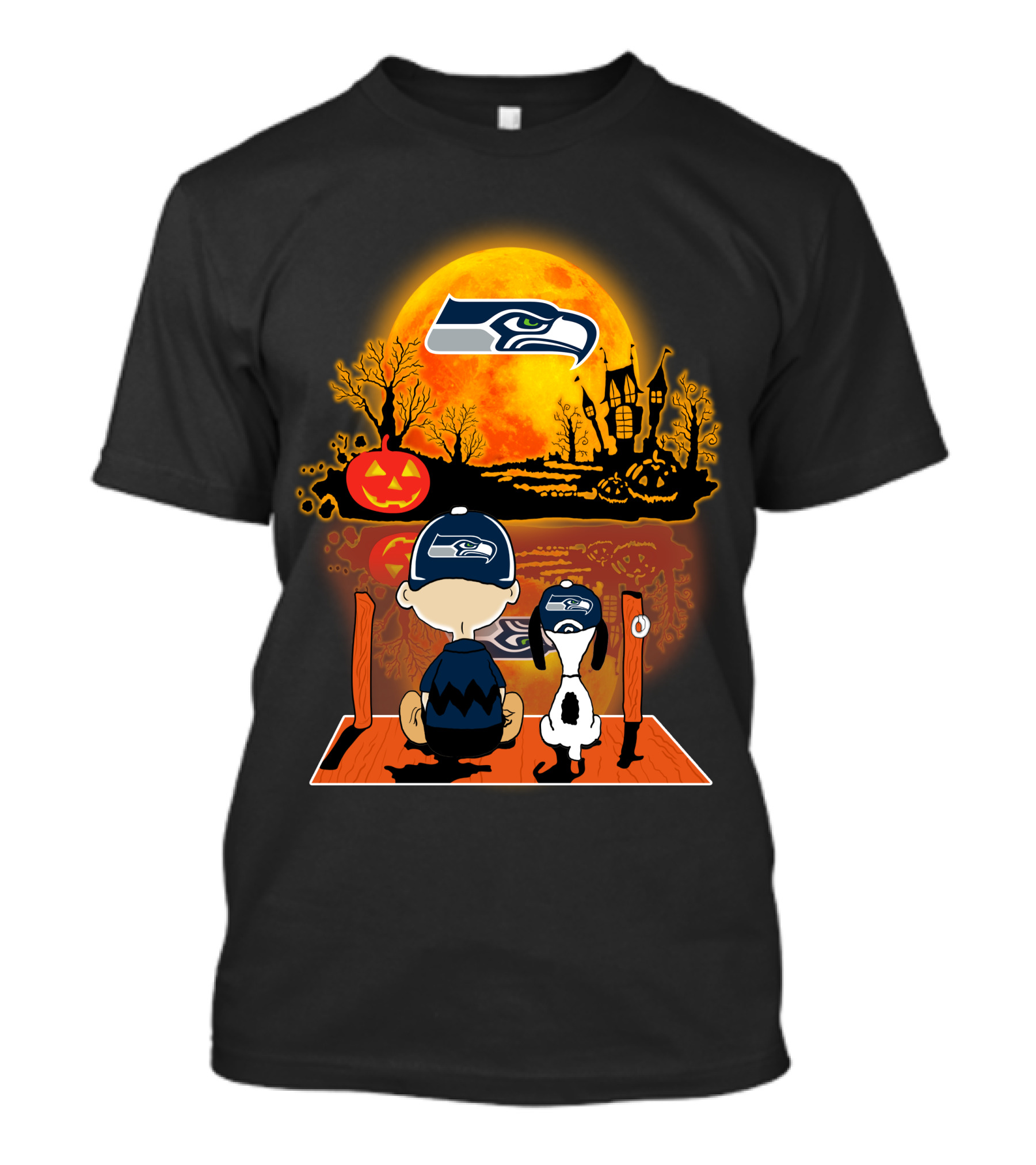 Seattle Seahawks Snoopy Charlie Brown Pumpkin Halloween Night Moon T-Shirt