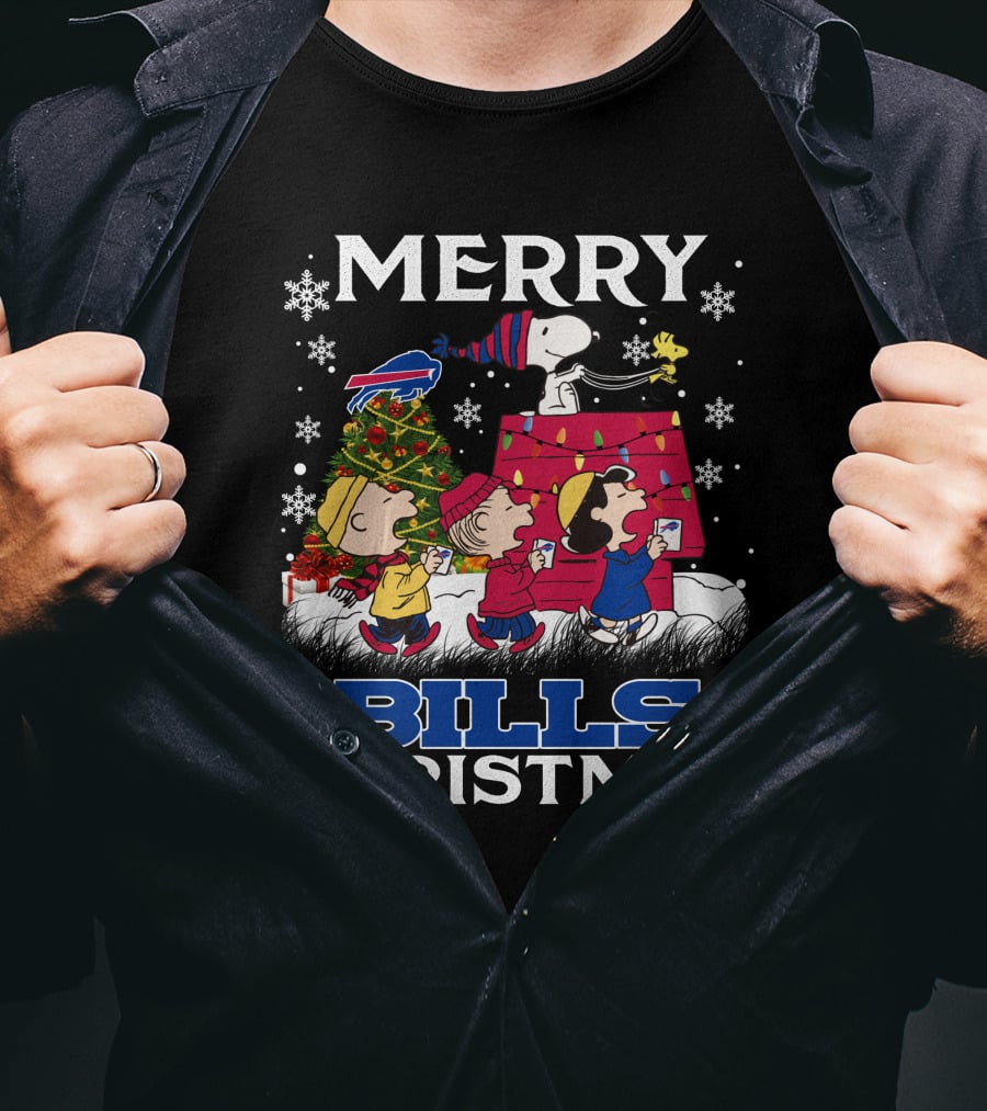 Buffalo Bills Snoopy Merry Christmas With Peanuts Characters And Festive Tree T-Shirt