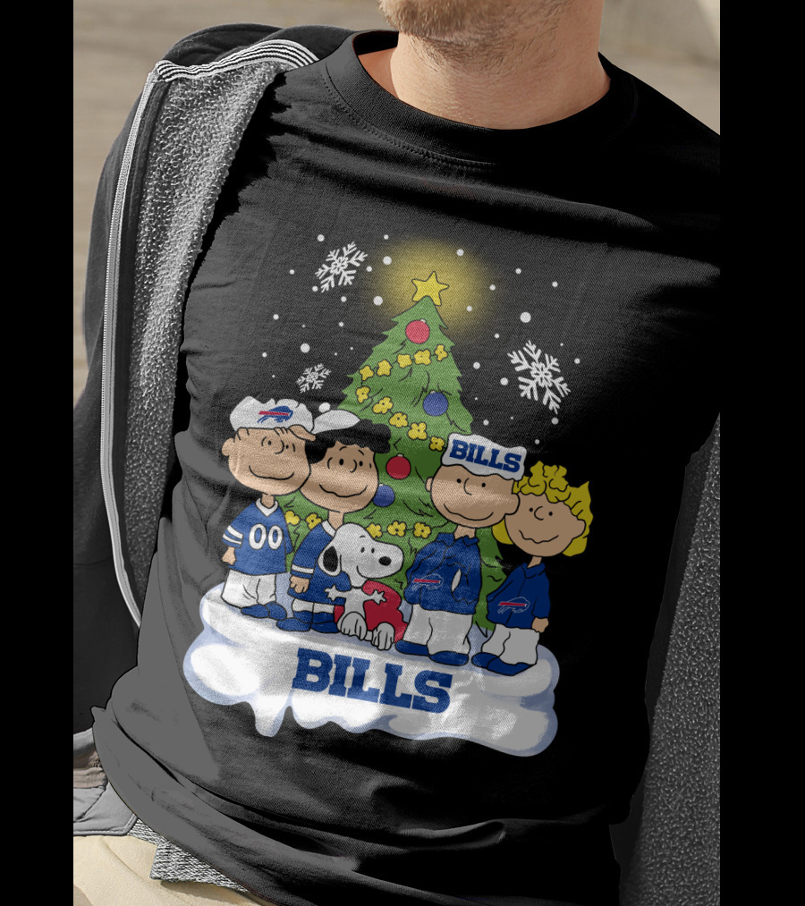 Snoopy And Peanuts Characters Celebrating With Buffalo Bills Christmas Tree T-Shirt