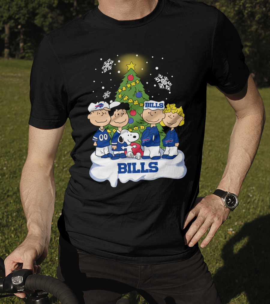 Snoopy And Peanuts Characters Celebrating With Buffalo Bills Christmas Tree T-Shirt