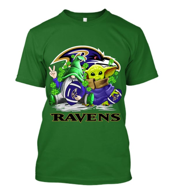 Baltimore Ravens St. Patrick's Day Football Gnome And Baby Alien With Shamrocks T-Shirt