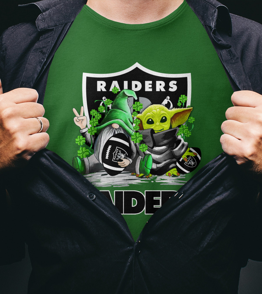 Raiders St. Patrick’s Day Football Gnome And Baby Alien With Clover Footballs T-Shirt