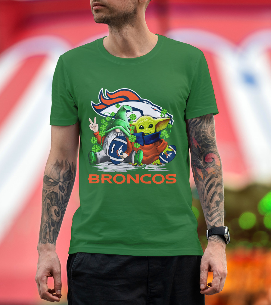 Denver Broncos Football St. Patrick’s Day Gnome and Green Alien with Shamrocks T-Shirt