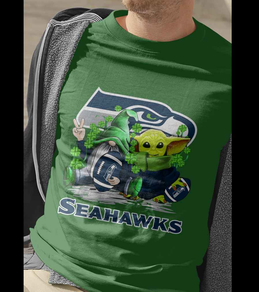 Seattle Seahawks St. Patrick's Day Gnome And Baby Yoda Football T-Shirt