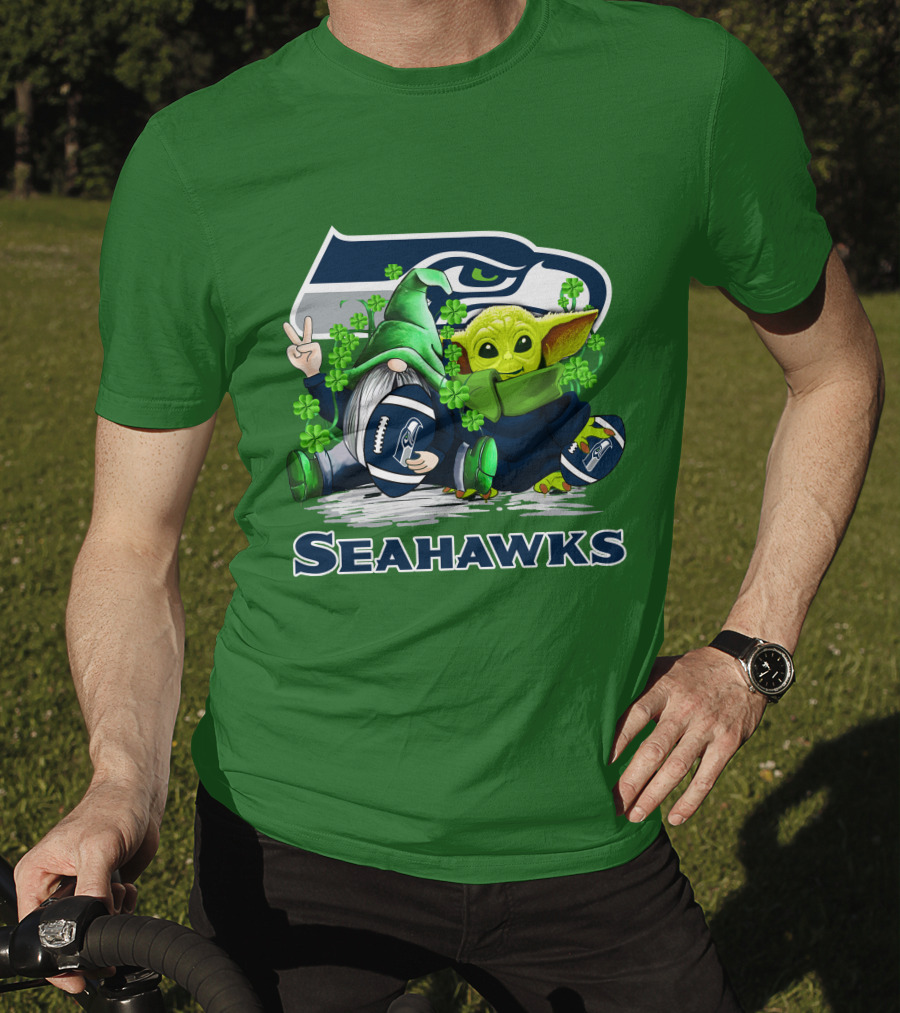 Seattle Seahawks St. Patrick's Day Gnome And Baby Yoda Football T-Shirt