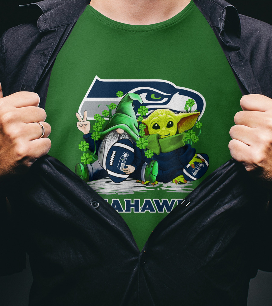 Seattle Seahawks St. Patrick's Day Gnome And Baby Yoda Football T-Shirt