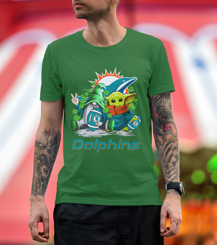 Miami Dolphins St Patrick's Day Football Gnome and Baby Alien with Shamrocks T-Shirt