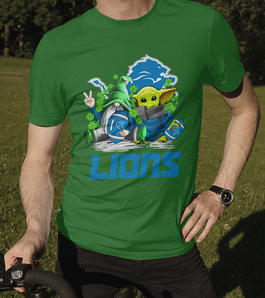 Detroit Lions St. Patrick's Day Gnome And Yoda Football T-Shirt