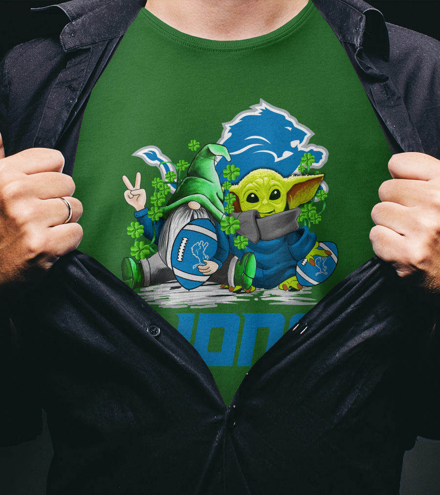 Detroit Lions St. Patrick's Day Gnome And Yoda Football T-Shirt