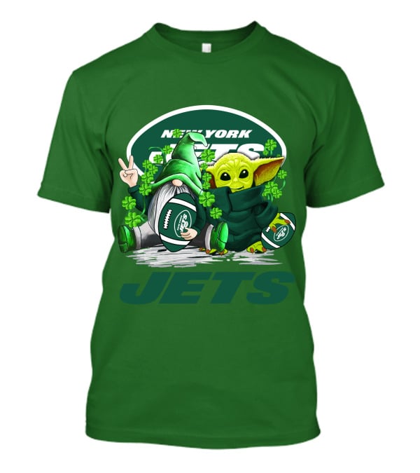 New York Jets Football St. Patrick's Day Baby Yoda And Gnome With Shamrocks T-Shirt