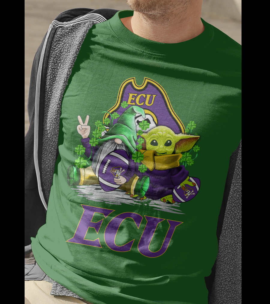 ECU East Carolina Pirates Football St. Patrick's Day Celebration With Gnome And Baby Alien T-Shirt