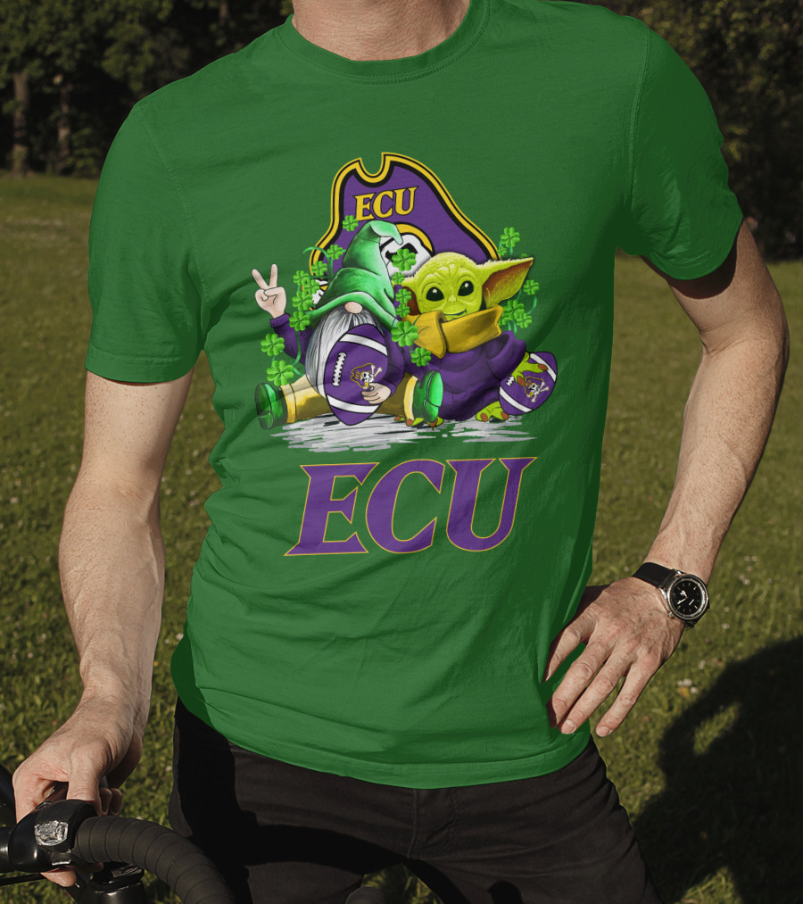 ECU East Carolina Pirates Football St. Patrick's Day Celebration With Gnome And Baby Alien T-Shirt