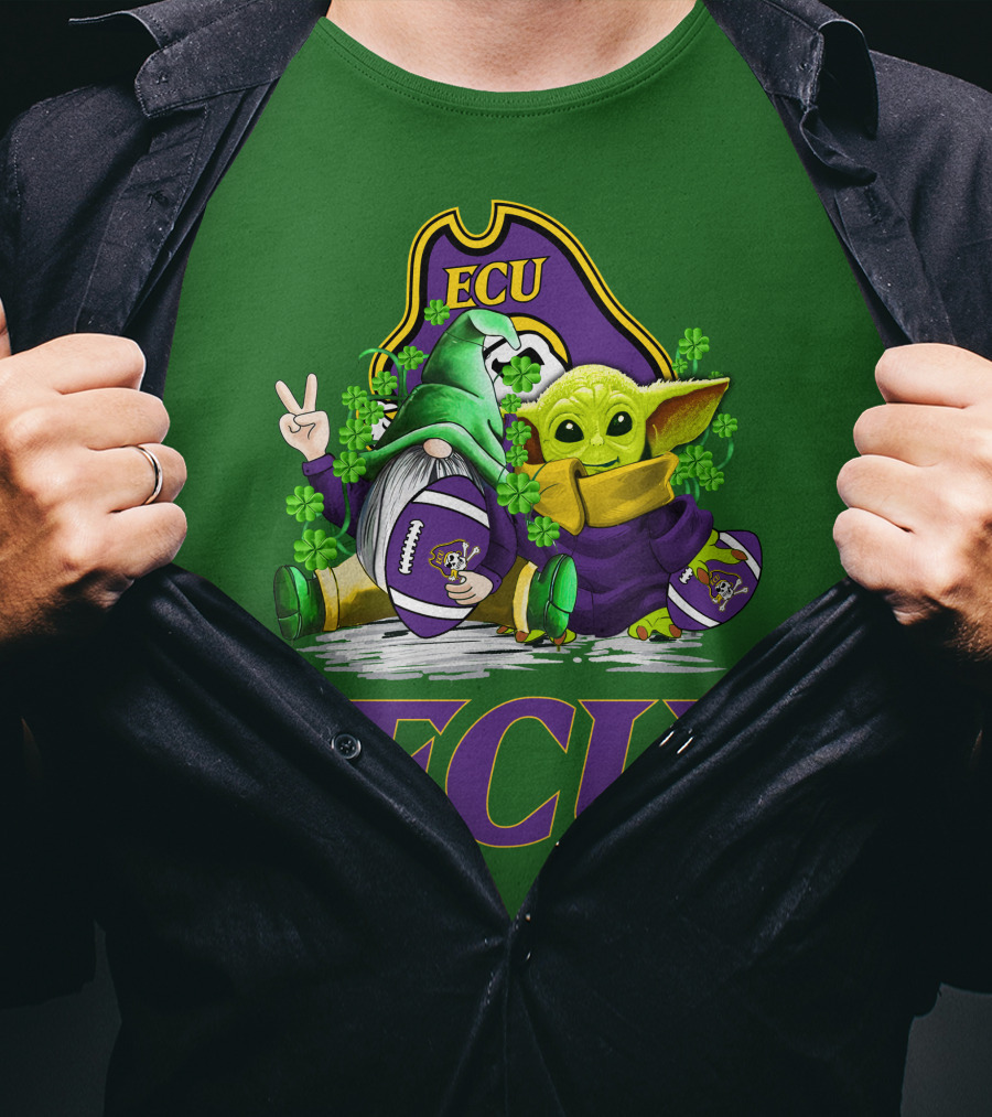 ECU East Carolina Pirates Football St. Patrick's Day Celebration With Gnome And Baby Alien T-Shirt