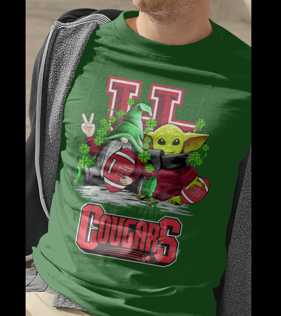 Houston Cougars St. Patrick's Day Football With Gnome And Green Character T-Shirt