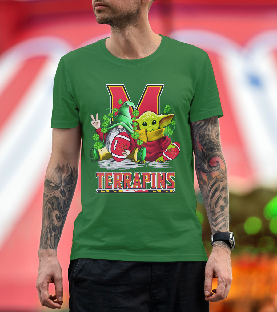 Maryland Terrapins Football St. Patrick's Day Gnome And Baby Yoda T-Shirt