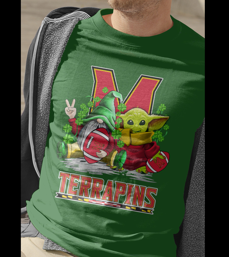 Maryland Terrapins Football St. Patrick's Day Gnome And Baby Yoda T-Shirt