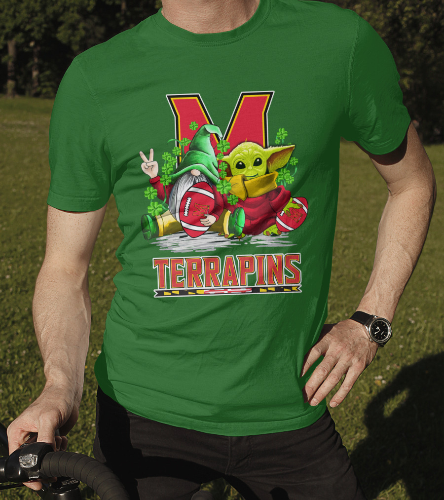 Maryland Terrapins Football St. Patrick's Day Gnome And Baby Yoda T-Shirt