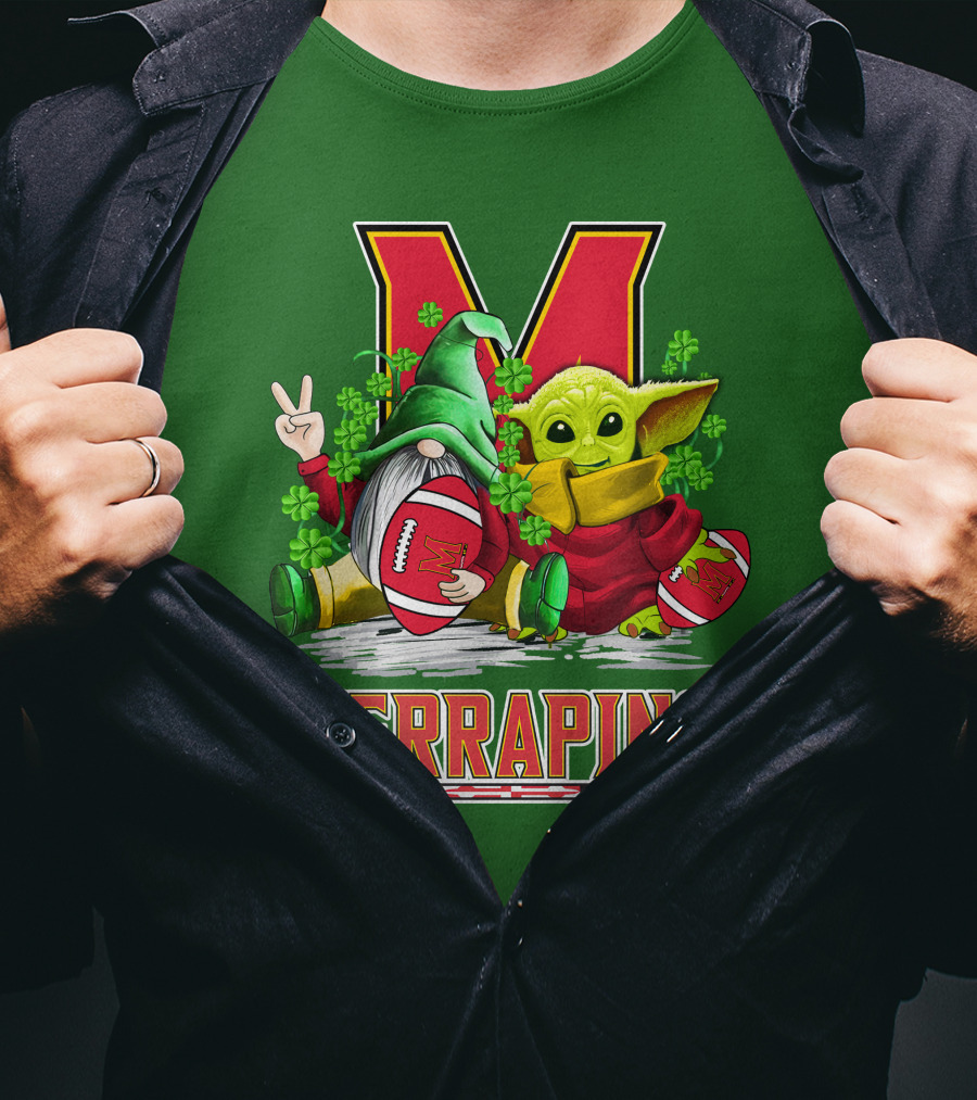 Maryland Terrapins Football St. Patrick's Day Gnome And Baby Yoda T-Shirt