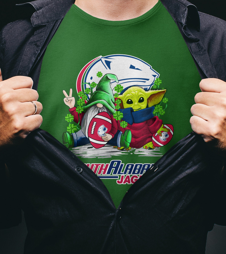South Alabama Jaguars Football St. Patrick's Day Gnome And Baby Alien With Shamrocks T-Shirt