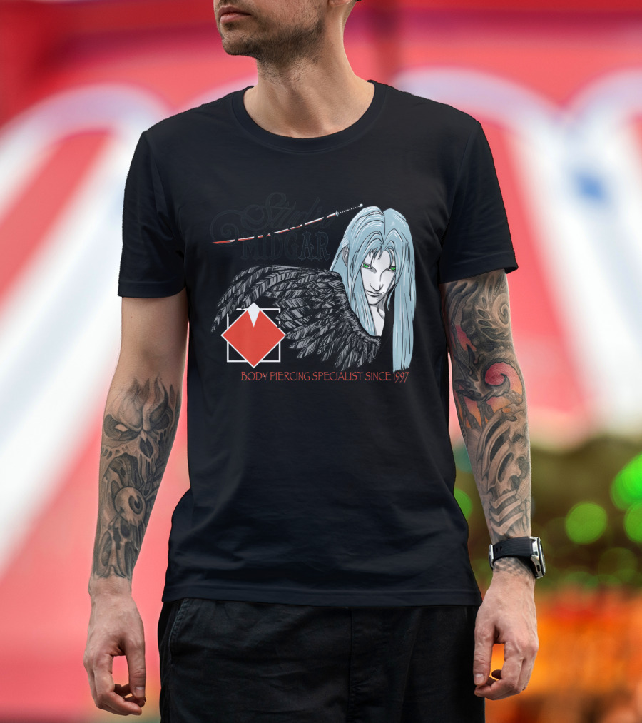 Studio Midgar Body Piercing Specialist Since 1997 Sephiroth Character Black Wing T-Shirt