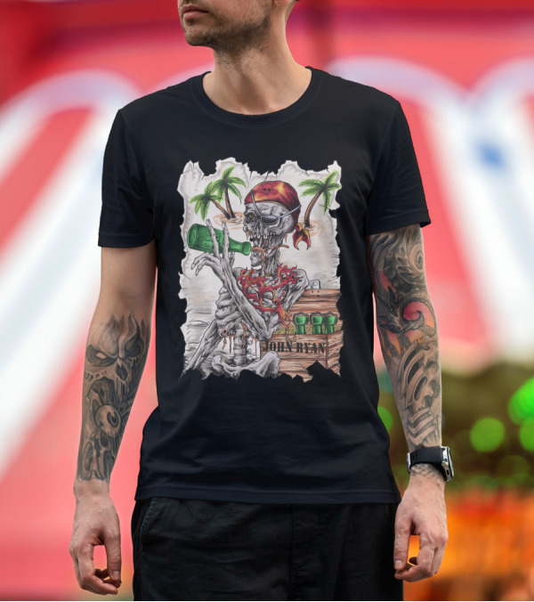 Premium T-Shirt: John Ryan Pirate Skeleton with Eyepatch and Bottle Drinking with Tropical Island Palms T-Shirt John Ryan Pirate Skeleton with Eyepatch and Bottle Drinking with Tropical Island Palms T-Shirt