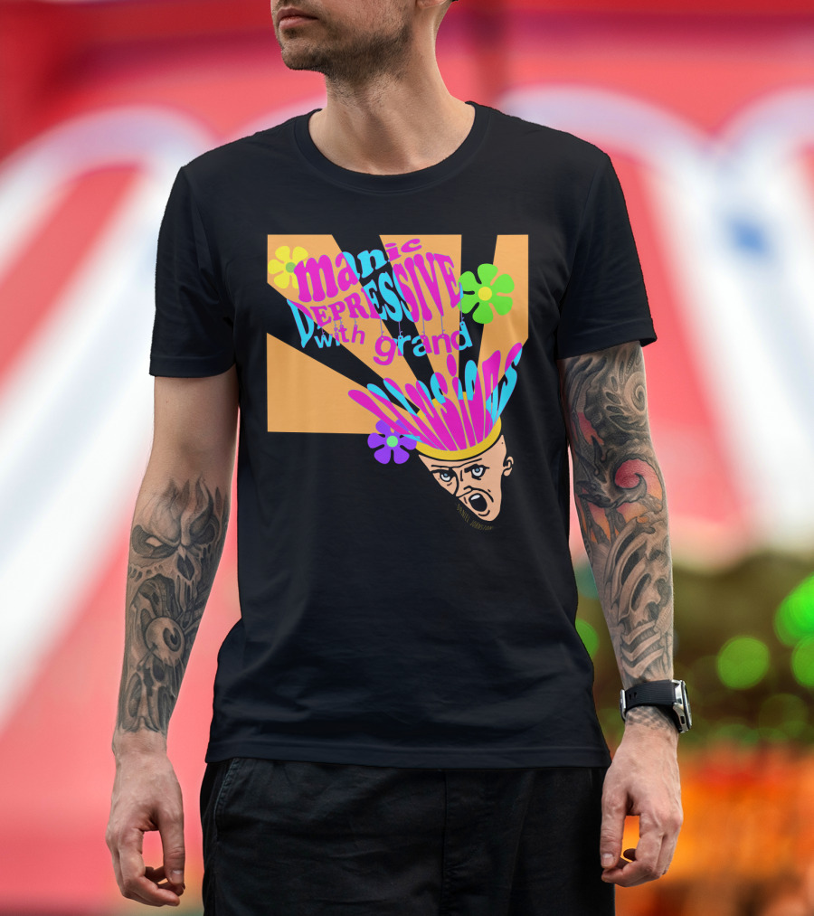 Manic Depressive with Grand Illusions Daniel Johnston Psychedelic Art with Colorful Flowers and Expressive T-Shirt