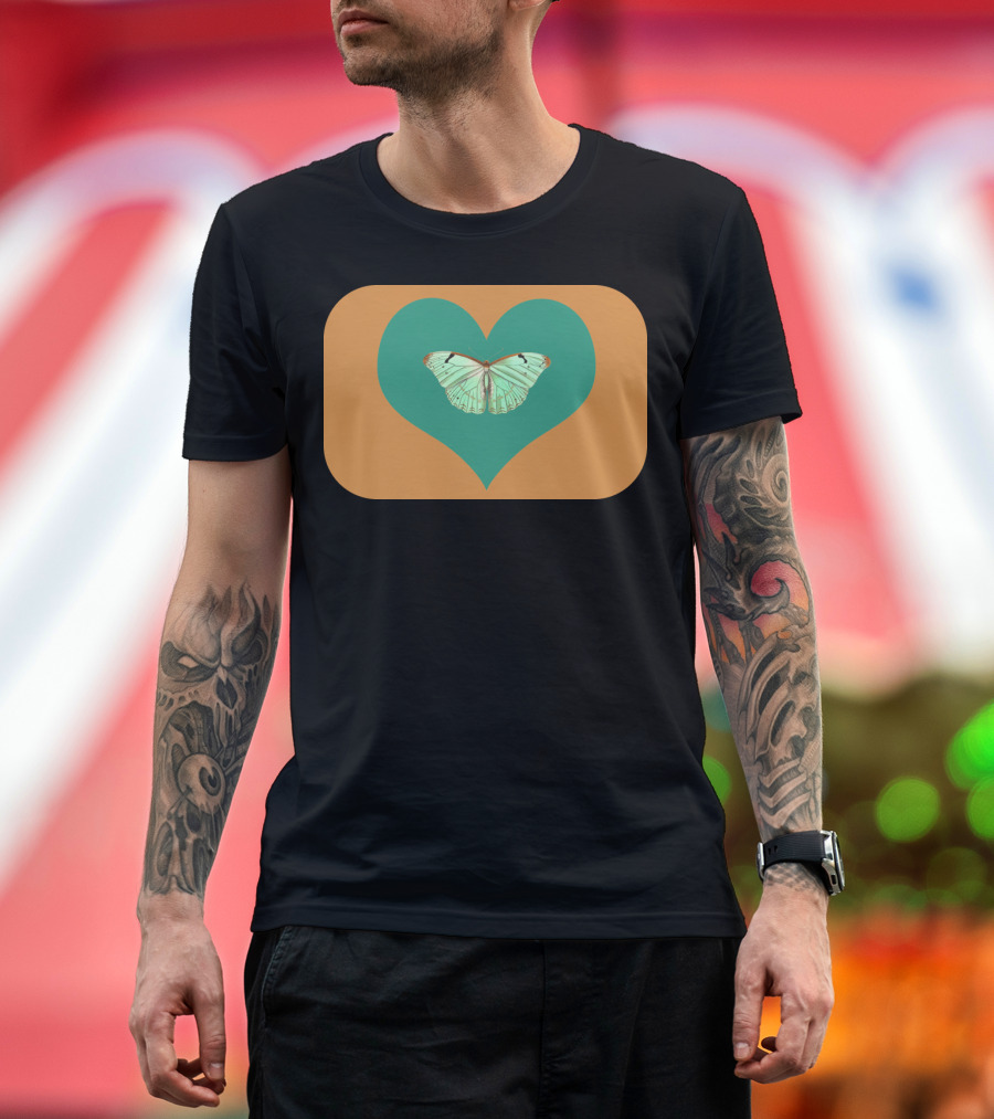 Colorful Butterfly Within Green Heart on Orange Background T-Shirt