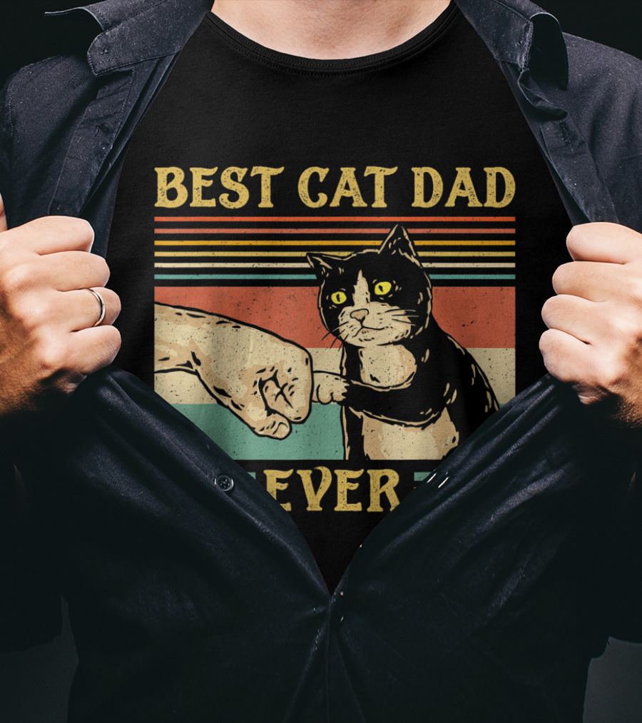 Best Cat Dad Ever Vintage Fist Bump Retro Stripes T-Shirt