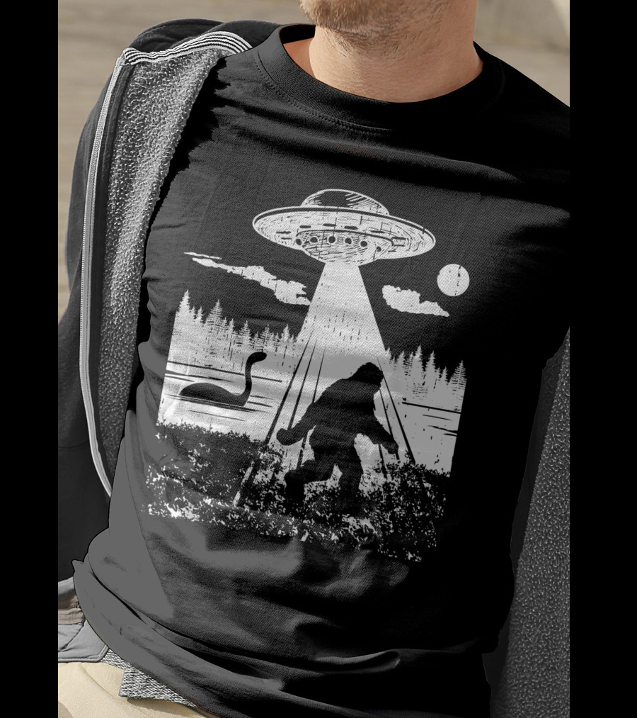 Bigfoot Abduction By UFO With Lake Monster And Full Moon T-Shirt
