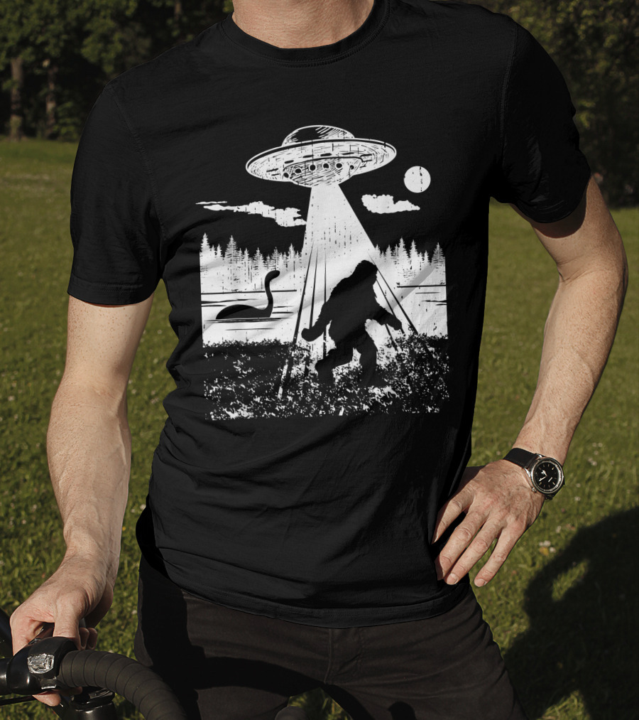 Bigfoot Abduction By UFO With Lake Monster And Full Moon T-Shirt