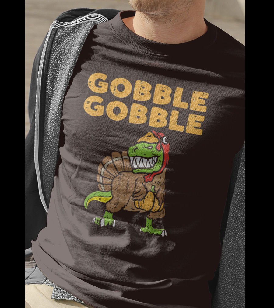 Gobble Gobble T-Rex Dinosaur Turkey Holding Pumpkin T-Shirt