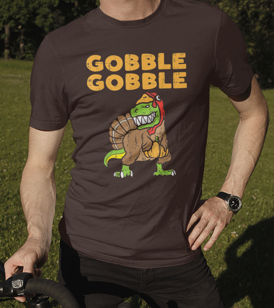Gobble Gobble T-Rex Dinosaur Turkey Holding Pumpkin T-Shirt