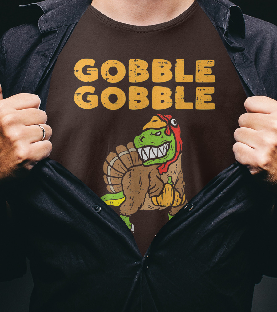 Gobble Gobble T-Rex Dinosaur Turkey Holding Pumpkin T-Shirt