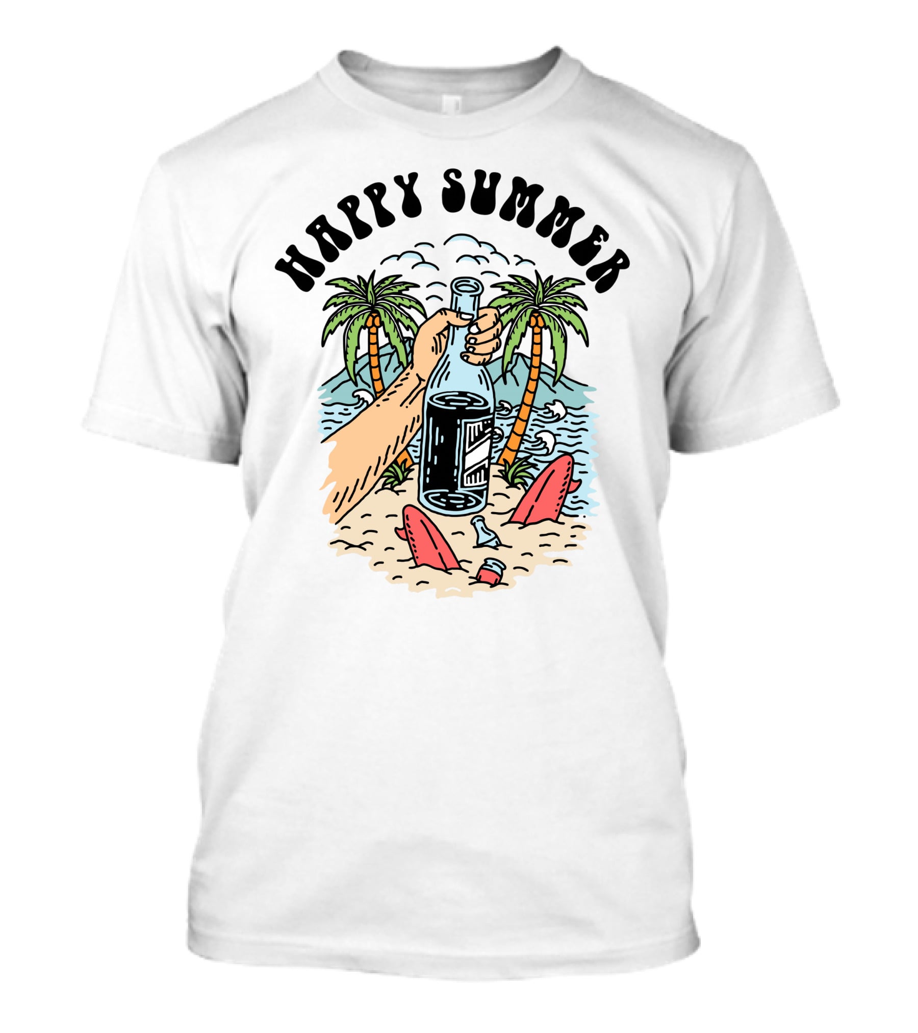 Happy Summer Beach Scene With Palms And Bottle T-Shirt