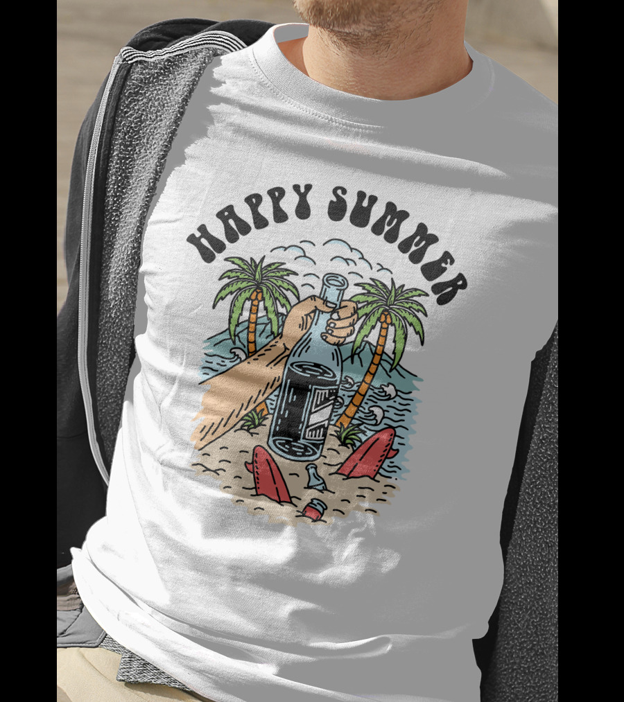 Happy Summer Beach Scene With Palms And Bottle T-Shirt