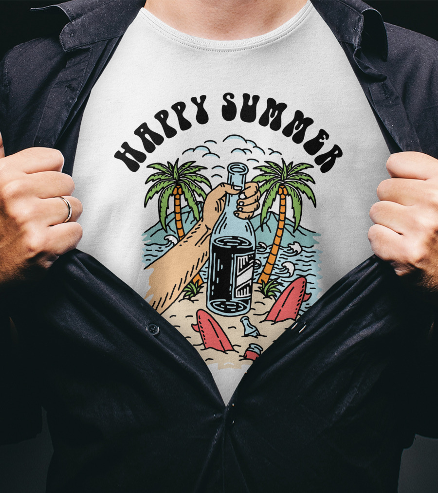 Happy Summer Beach Scene With Palms And Bottle T-Shirt