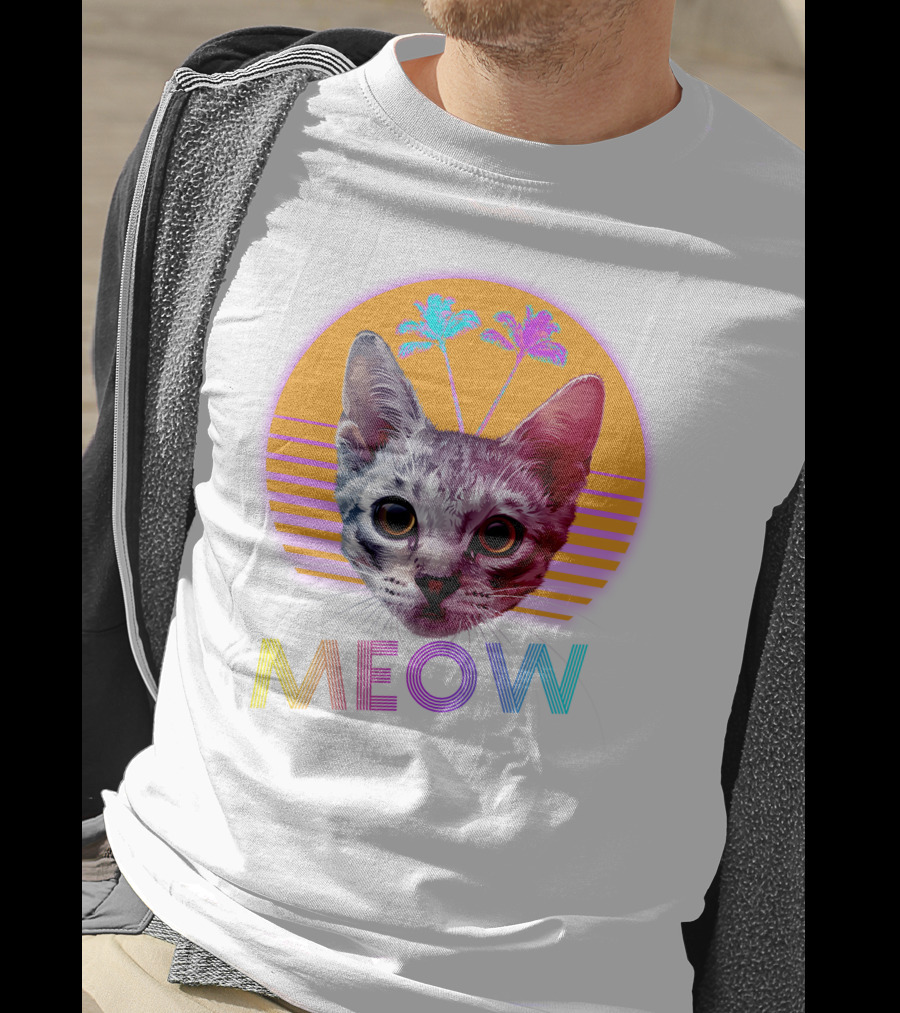 Retro Meow Cat With Palm Trees And Sunset Stripes T-Shirt