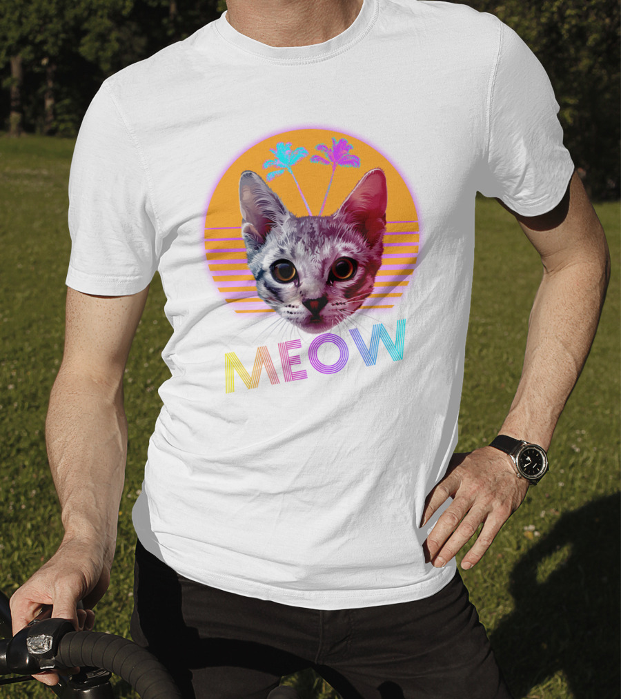 Retro Meow Cat With Palm Trees And Sunset Stripes T-Shirt