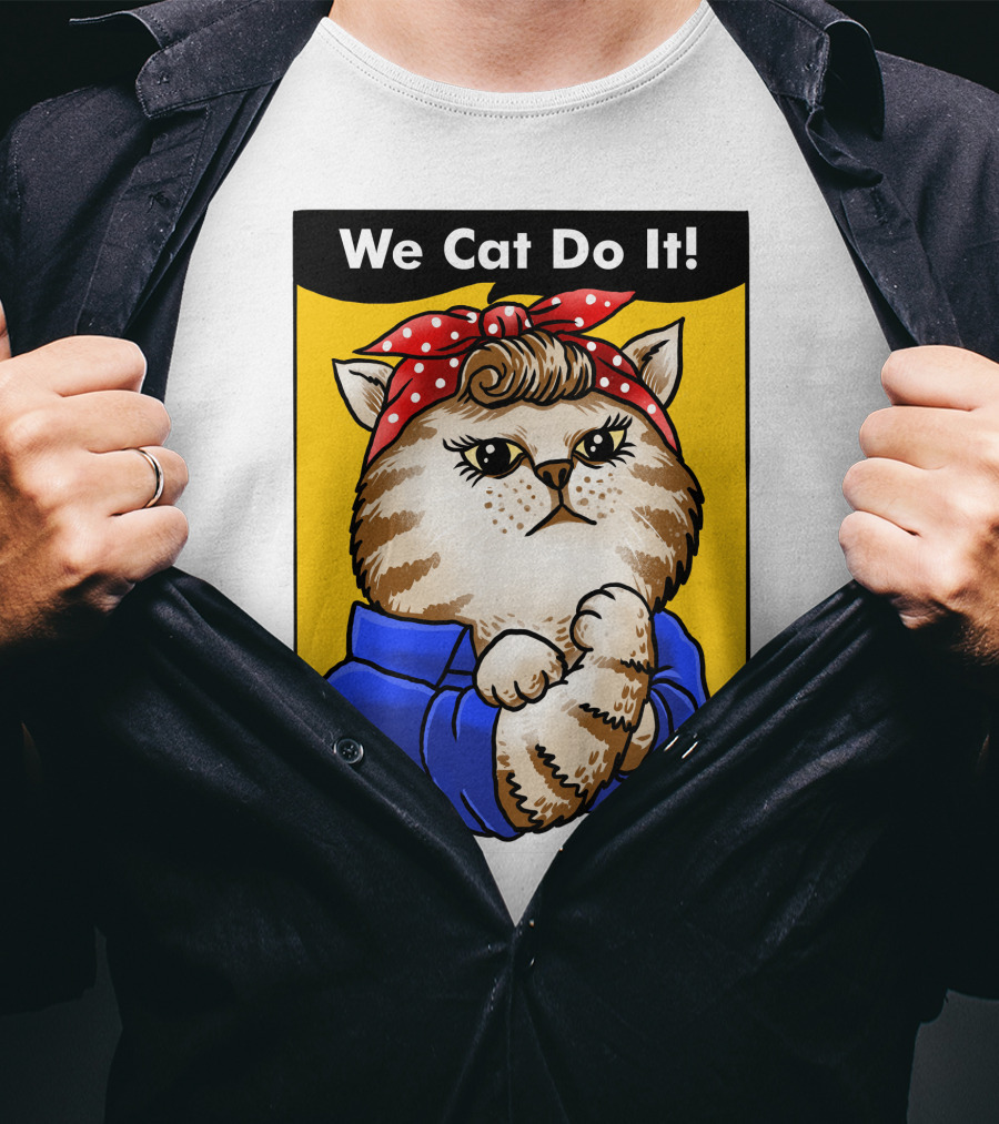 We Cat Do It Humorous Cat With Red Polka Dot Bandana And Blue T-Shirt