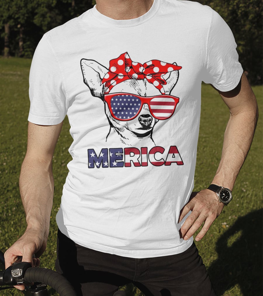 Chihuahua Merica USA Patriotic Glasses And Bandana T-Shirt