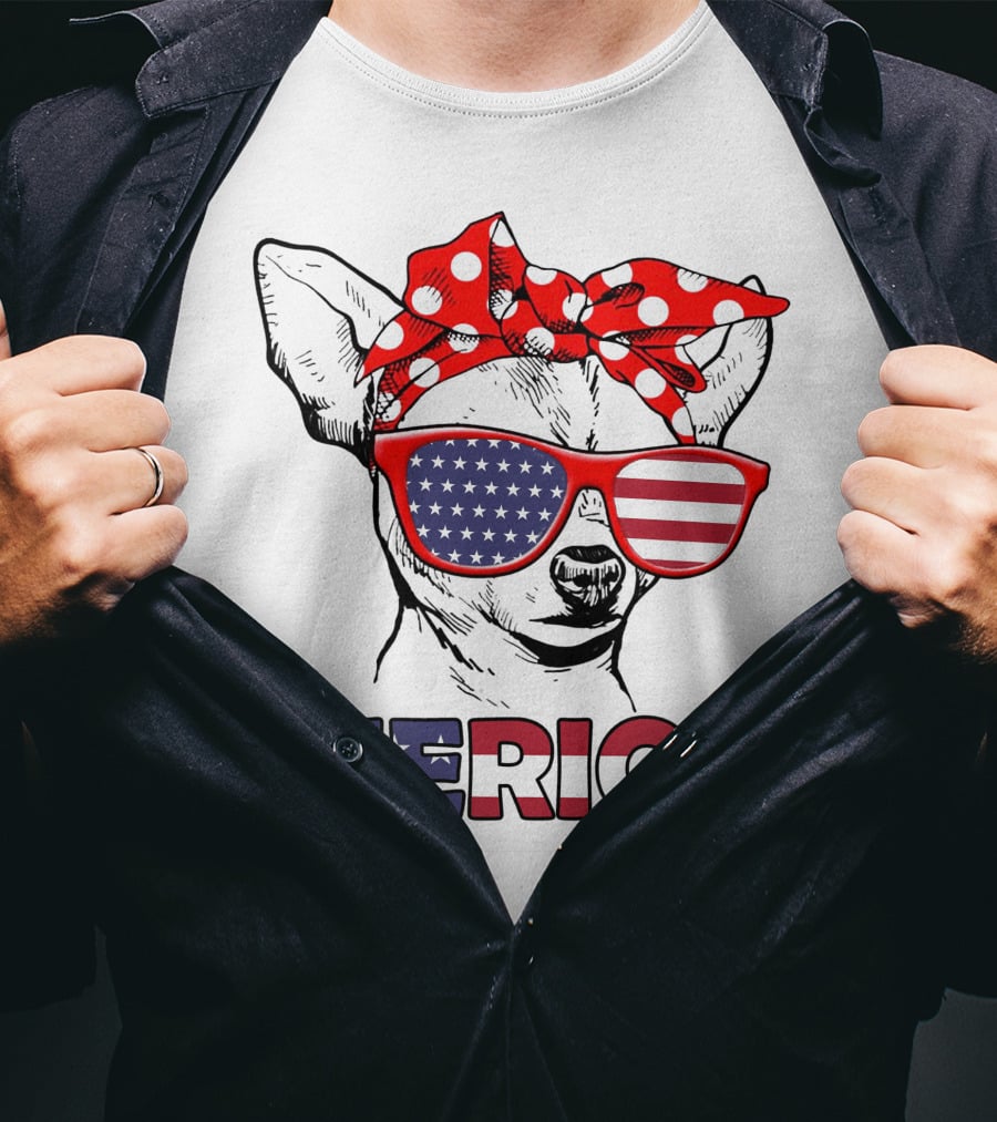 Chihuahua Merica USA Patriotic Glasses And Bandana T-Shirt